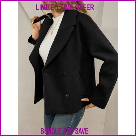 Cropped Wool Blend Pea Coat Double Breasted Notched Lapel Overcoat - Picture 3 of 8